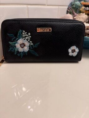 kensie Black Wallet with White & Teal Floral Embroidery